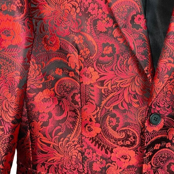 Leonardi Mens Jacket Size Large Red Floral Woven Two Button Pockets Party - Picture 3 of 10